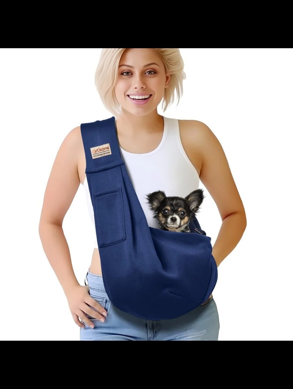 Artisome Navy Blue Pet Sling Carrier Hands Free Dog Cat Bag Gingham Lining